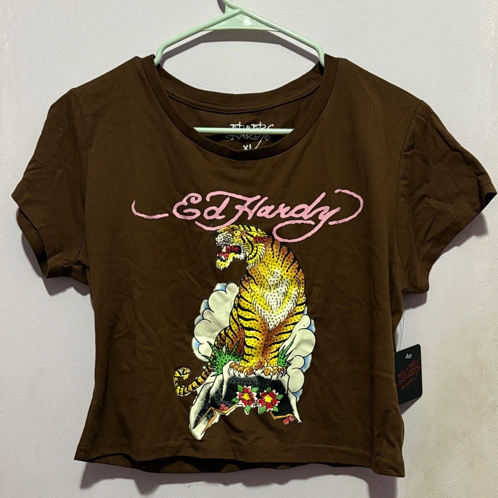 Ed Hardy Brown Tee with Tiger and Pink Accents